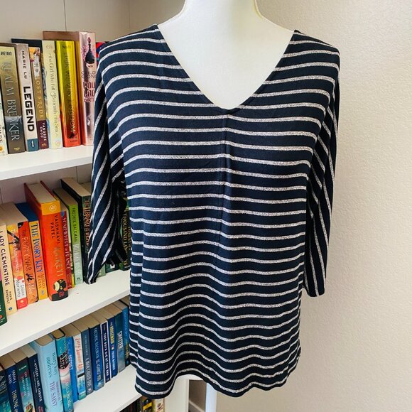 J. JILL WEAREVER COLLECTION V-Neck Black Cream Striped Dolman Top Size S - Picture 5 of 10